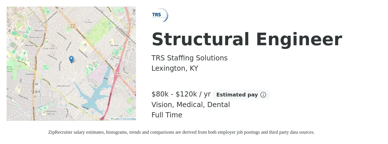 TRS Staffing Solutions job posting for a Structural Engineer in Lexington, KY with a salary of $80,000 to $120,000 Yearly and benefits including life_insurance, medical, pto, retirement, vision, and dental with a map of Lexington location.