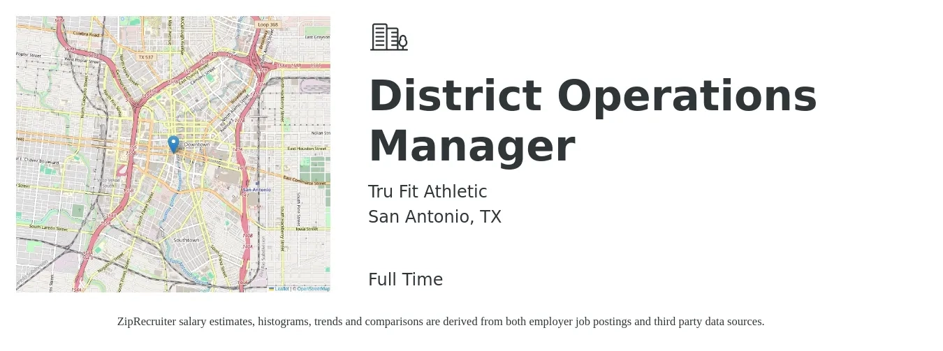 TruFit Athletic job posting for a District Operations Manager in San Antonio, TX with a salary of $43,000 to $79,500 Yearly with a map of San Antonio location.