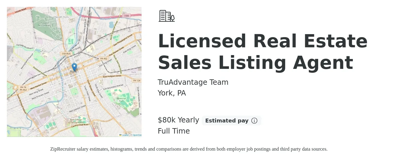 TruAdvantage Team job posting for a Licensed Real Estate Sales Listing Agent in York, PA with a salary of $80,000 Yearly with a map of York location.