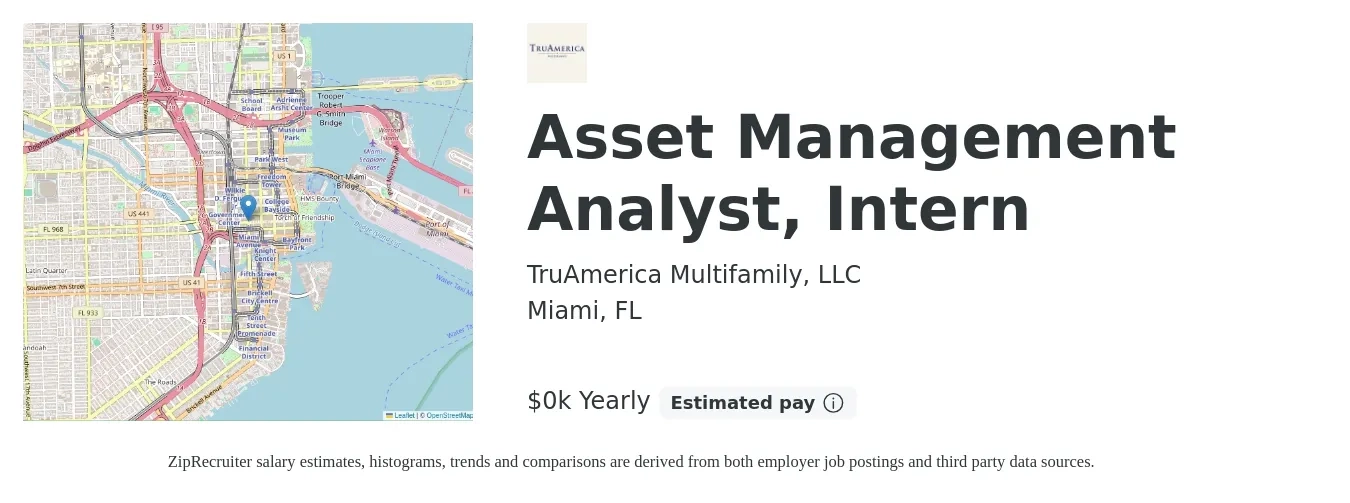 TruAmerica Multifamily, LLC job posting for a Asset Management Analyst, Intern in Miami, FL with a salary of $25 Yearly with a map of Miami location.