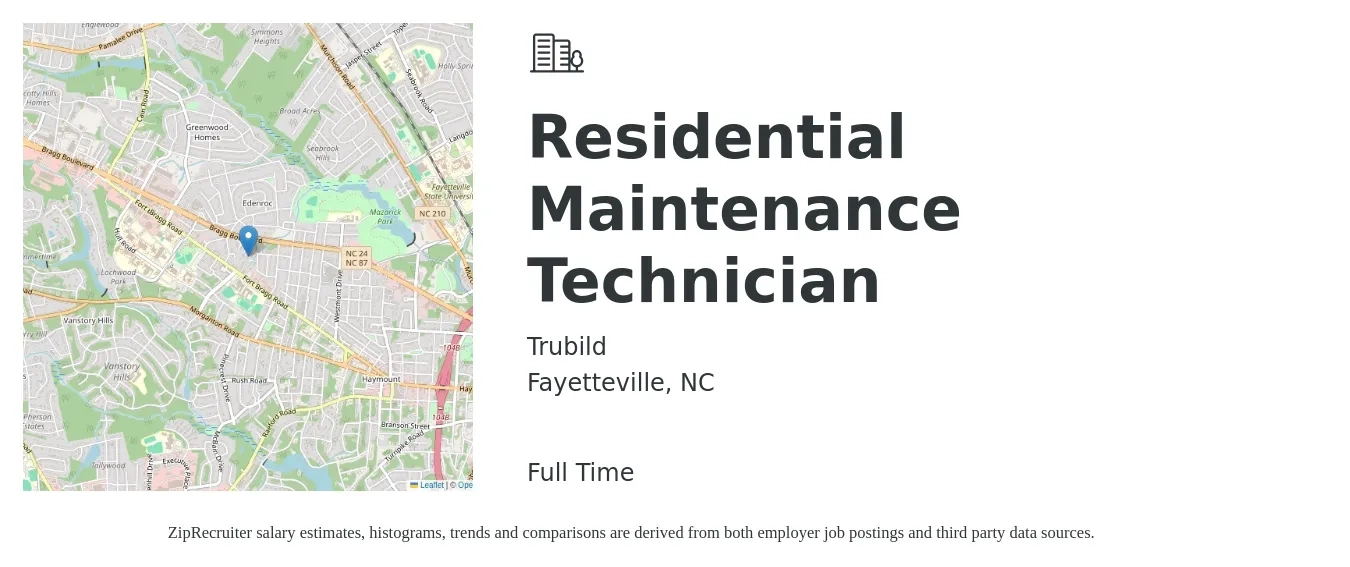 Trubild job posting for a Residential Maintenance Technician in Fayetteville, NC with a salary of $18 to $20 Hourly with a map of Fayetteville location.