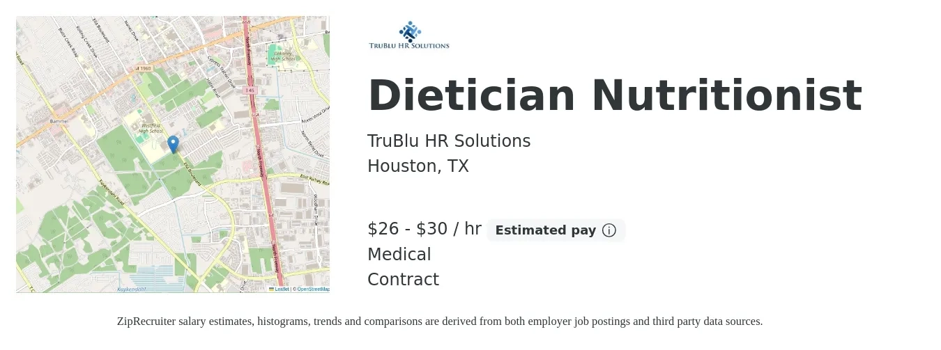 TruBlu HR Solutions job posting for a Dietician Nutritionist in Houston, TX with a salary of $28 to $32 Hourly and benefits including medical with a map of Houston location.