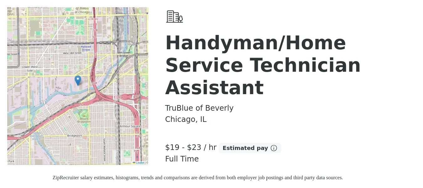 TruBlue of Beverly job posting for a Handyman/Home Service Technician Assistant in Chicago, IL with a salary of $20 to $24 Hourly with a map of Chicago location.