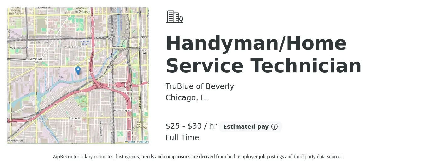 TruBlue of Beverly job posting for a Handyman/Home Service Technician in Chicago, IL with a salary of $27 to $32 Hourly with a map of Chicago location.