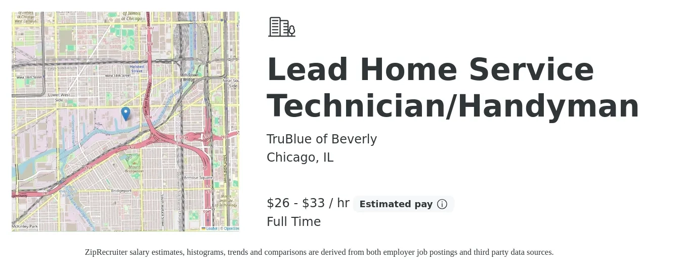 TruBlue of Beverly job posting for a Lead Home Service Technician/Handyman in Chicago, IL with a salary of $28 to $35 Hourly with a map of Chicago location.