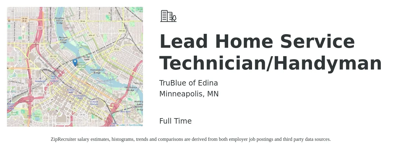 TruBlue of Edina job posting for a Lead Home Service Technician/Handyman in Minneapolis, MN with a salary of $22 to $32 Hourly with a map of Minneapolis location.