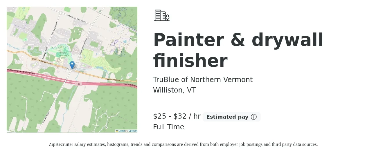 TruBlue of Northern Vermont job posting for a Painter & drywall finisher in Williston, VT with a salary of $26 to $34 Hourly with a map of Williston location.