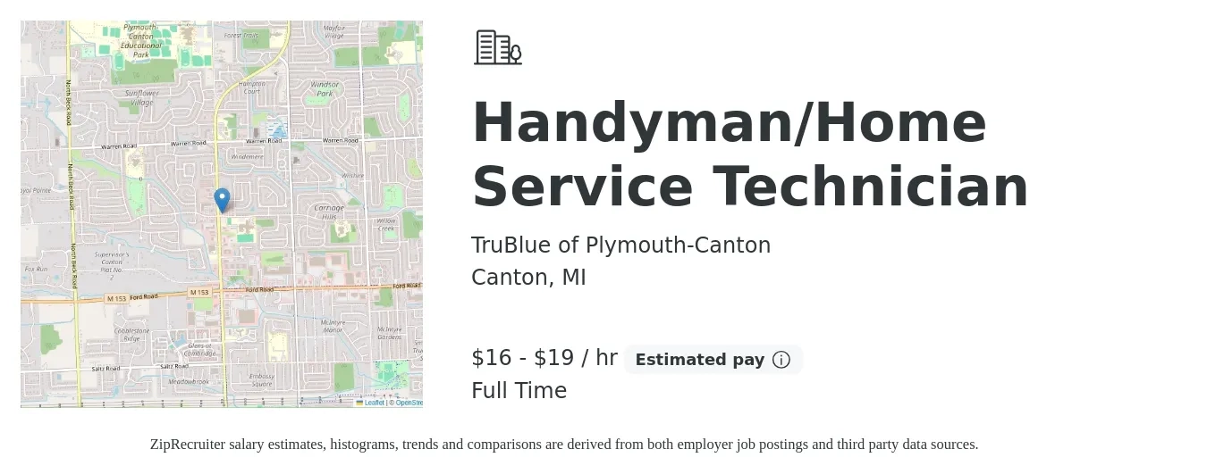 TruBlue of Plymouth-Canton job posting for a Handyman/Home Service Technician in Canton, MI with a salary of $17 to $20 Hourly with a map of Canton location.