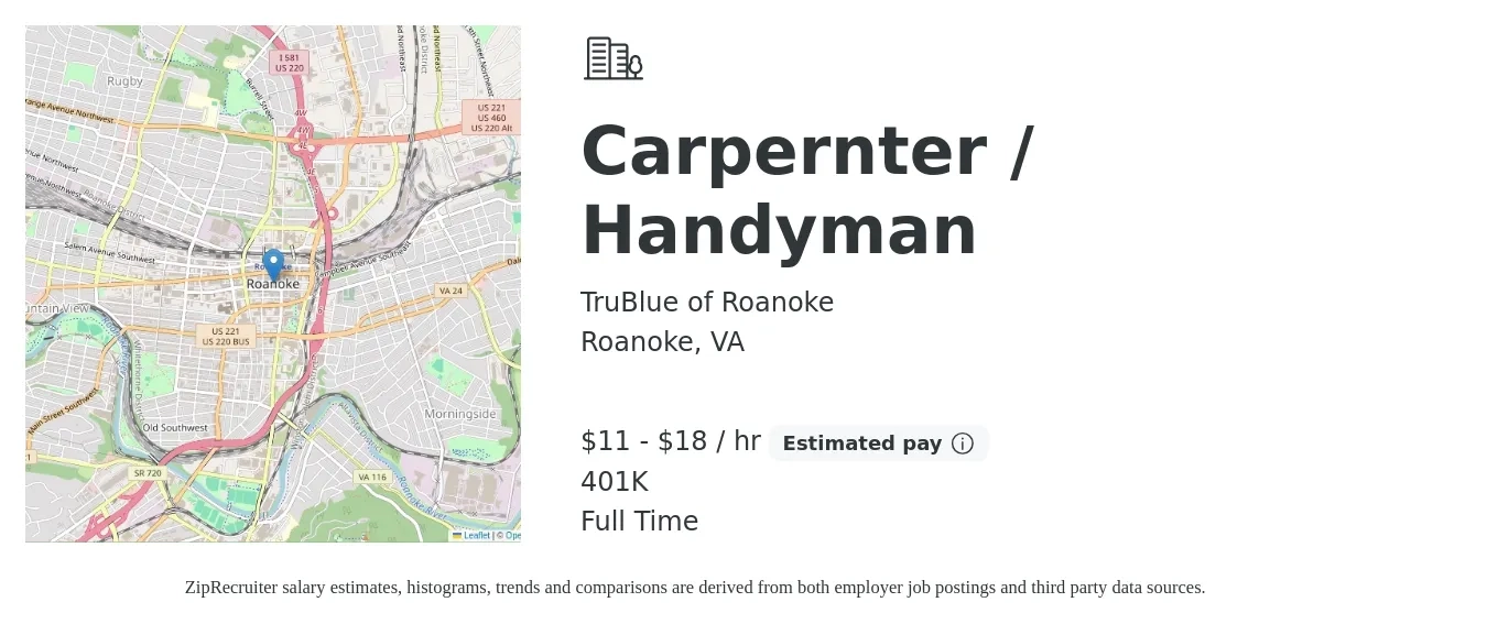 TruBlue of Roanoke job posting for a Carpernter / Handyman in Roanoke, VA with a salary of $12 to $19 Hourly and benefits including 401k with a map of Roanoke location.