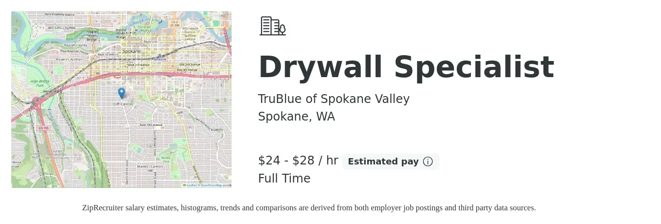 TruBlue of Spokane Valley job posting for a Drywall Specialist in Spokane, WA with a salary of $25 to $30 Hourly with a map of Spokane location.