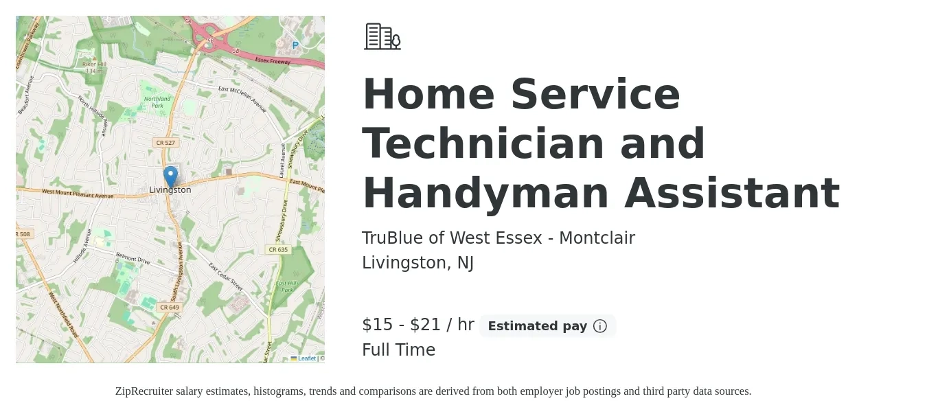 TruBlue of West Essex - Montclair job posting for a Home Service Technician and Handyman Assistant in Livingston, NJ with a salary of $16 to $22 Hourly with a map of Livingston location.
