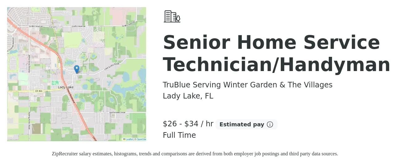 TruBlue Serving Winter Garden & The Villages job posting for a Senior Home Service Technician/Handyman in Lady Lake, FL with a salary of $28 to $36 Hourly with a map of Lady Lake location.
