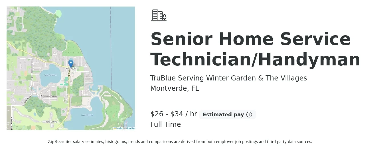 TruBlue Serving Winter Garden & The Villages job posting for a Senior Home Service Technician/Handyman in Montverde, FL with a salary of $28 to $36 Hourly with a map of Montverde location.