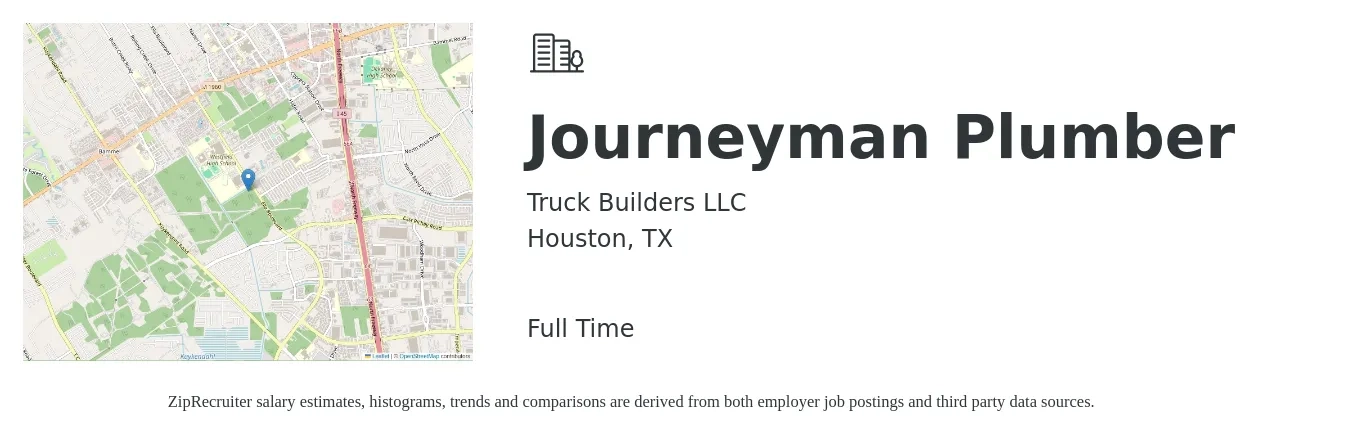 Truck Builders LLC job posting for a Journeyman Plumber in Houston, TX with a salary of $27 to $38 Hourly with a map of Houston location.