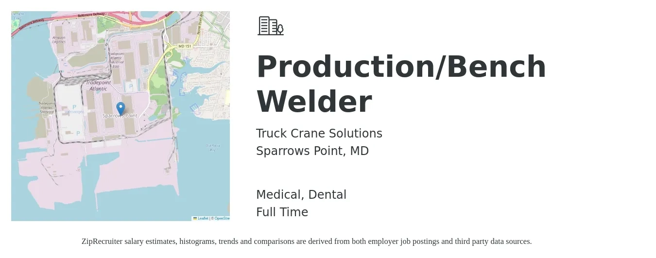 Truck Crane Solutions job posting for a Production/Bench Welder in Sparrows Point, MD with a salary of $20 to $27 Hourly and benefits including medical, retirement, dental, and life_insurance with a map of Sparrows Point location.
