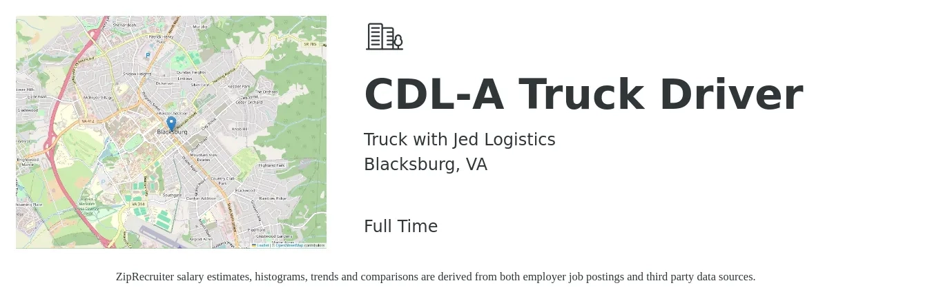 Truck with Jed Logistics job posting for a CDL-A Truck Driver in Blacksburg, VA with a salary of $12 Hourly with a map of Blacksburg location.