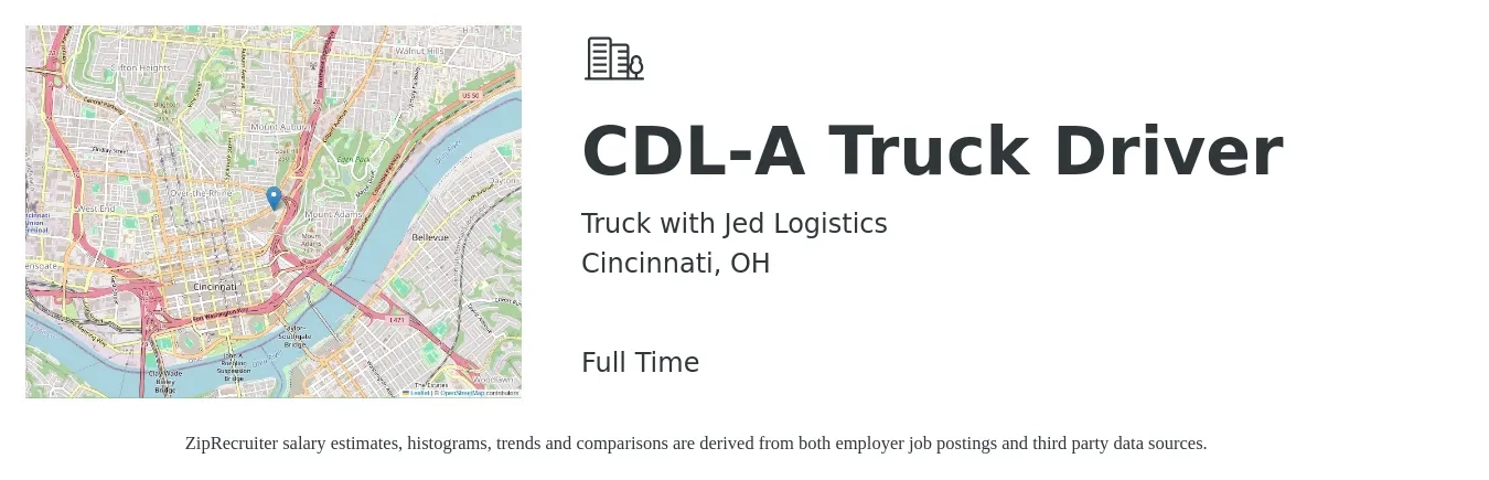 Truck with Jed Logistics job posting for a CDL-A Truck Driver in Cincinnati, OH with a salary of $12 Hourly with a map of Cincinnati location.