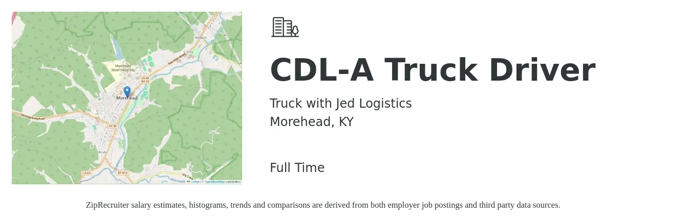 Truck with Jed Logistics job posting for a CDL-A Truck Driver in Morehead, KY with a salary of $12 Hourly with a map of Morehead location.