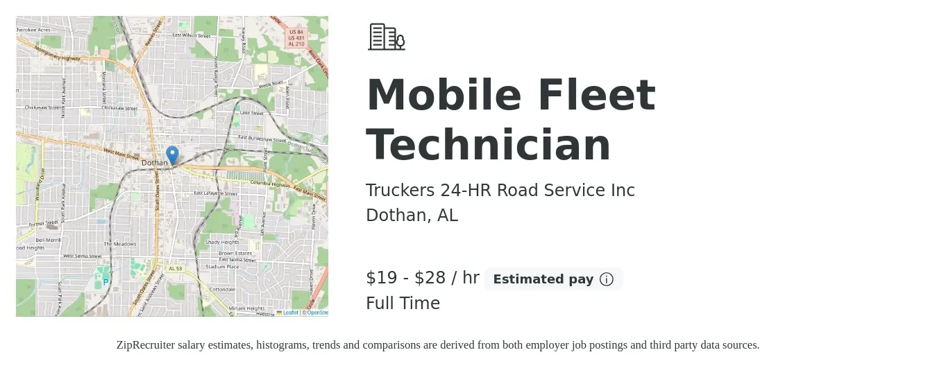 Truckers 24-HR Road Service Inc job posting for a Mobile Fleet Technician in Dothan, AL with a salary of $20 to $30 Hourly with a map of Dothan location.