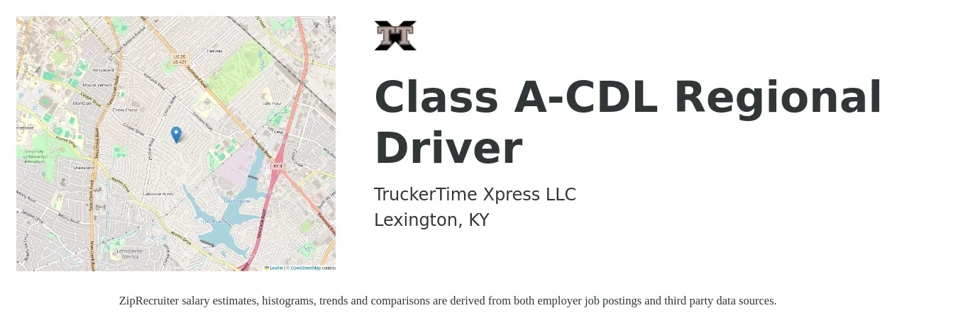 TruckerTime Xpress LLC job posting for a Class A-CDL Regional Driver in Lexington, KY with a salary of $1,500 to $1,900 Weekly with a map of Lexington location.