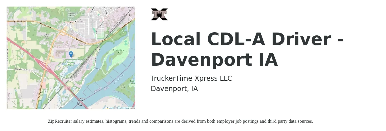 TruckerTime Xpress LLC job posting for a Local CDL-A Driver - Davenport IA in Davenport, IA with a salary of $1,200 to $1,350 Weekly with a map of Davenport location.