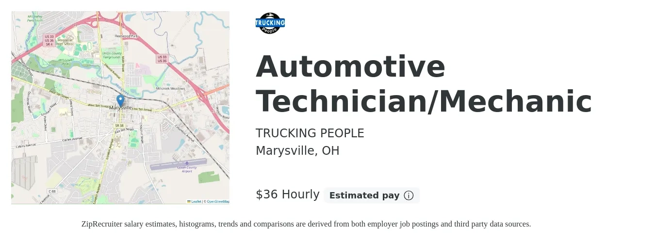 TRUCKING PEOPLE job posting for a Automotive Technician/Mechanic in Marysville, OH with a salary of $38 Hourly with a map of Marysville location.