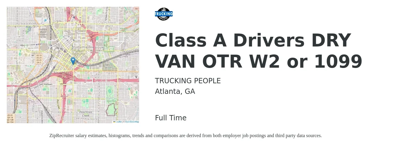 TRUCKING PEOPLE job posting for a Class A Drivers DRY VAN OTR W2 or 1099 in Atlanta, GA with a salary of $50 Hourly with a map of Atlanta location.