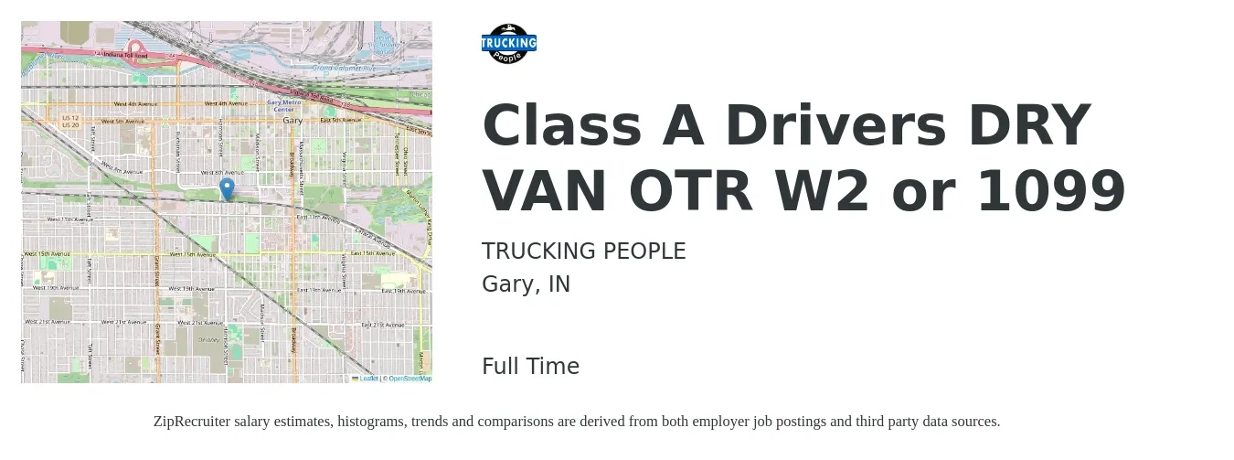 TRUCKING PEOPLE job posting for a Class A Drivers DRY VAN OTR W2 or 1099 in Gary, IN with a salary of $50 Hourly with a map of Gary location.