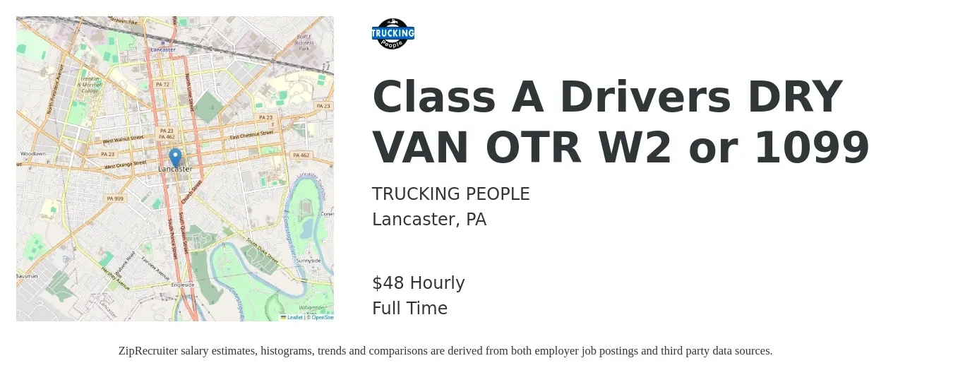 TRUCKING PEOPLE job posting for a Class A Drivers DRY VAN OTR W2 or 1099 in Lancaster, PA with a salary of $50 Hourly with a map of Lancaster location.