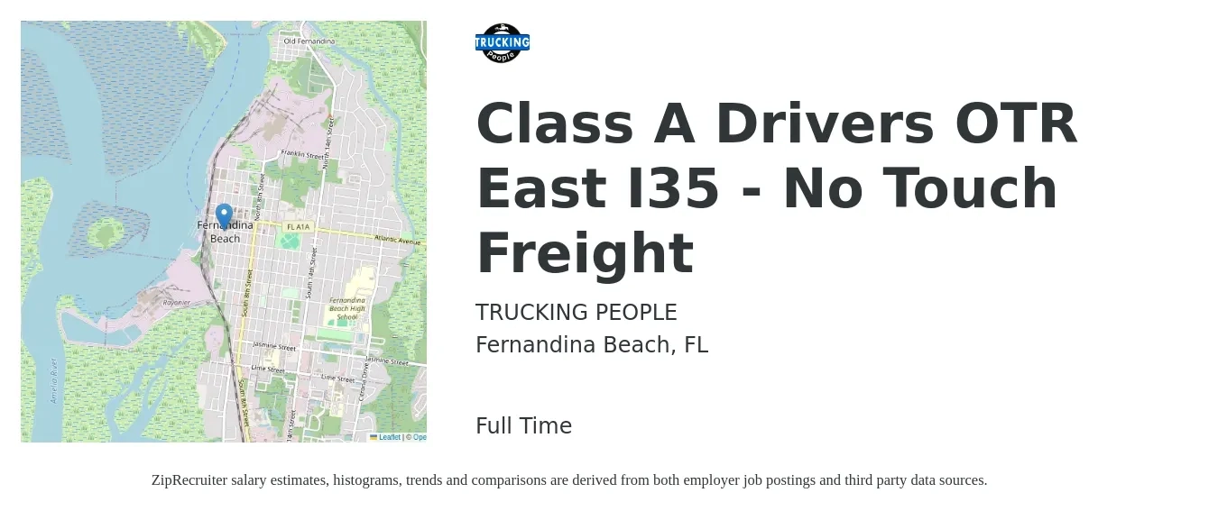 TRUCKING PEOPLE job posting for a Class A Drivers OTR East I35 - No Touch Freight in Fernandina Beach, FL with a salary of $950 to $1,350 Weekly with a map of Fernandina Beach location.