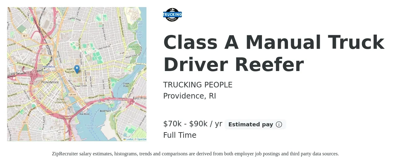 TRUCKING PEOPLE job posting for a Class A Manual Truck Driver Reefer in Providence, RI with a salary of $70,000 to $90,000 Yearly with a map of Providence location.