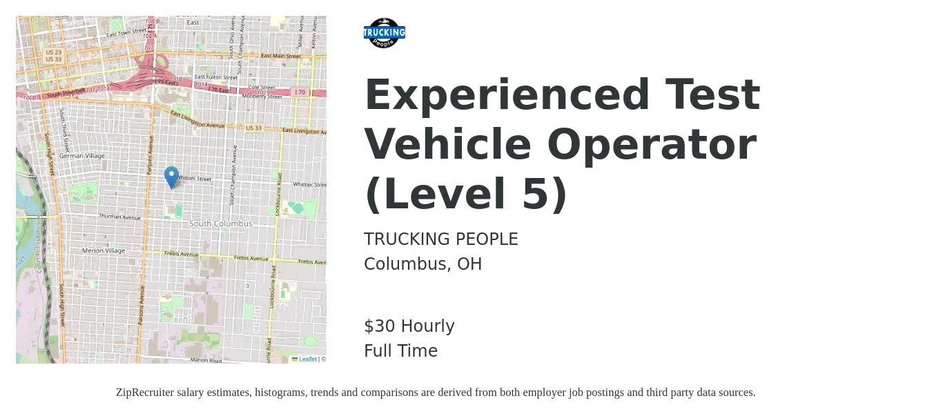 TRUCKING PEOPLE job posting for a Experienced Test Vehicle Operator (Level 5) in Columbus, OH with a salary of $32 Hourly with a map of Columbus location.