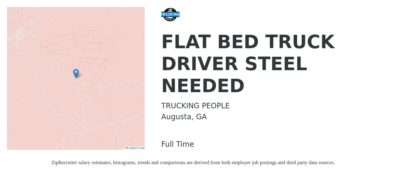 TRUCKING PEOPLE job posting for a FLAT BED TRUCK DRIVER STEEL NEEDED in Augusta, GA with a salary of $1,130 to $1,630 Weekly with a map of Augusta location.