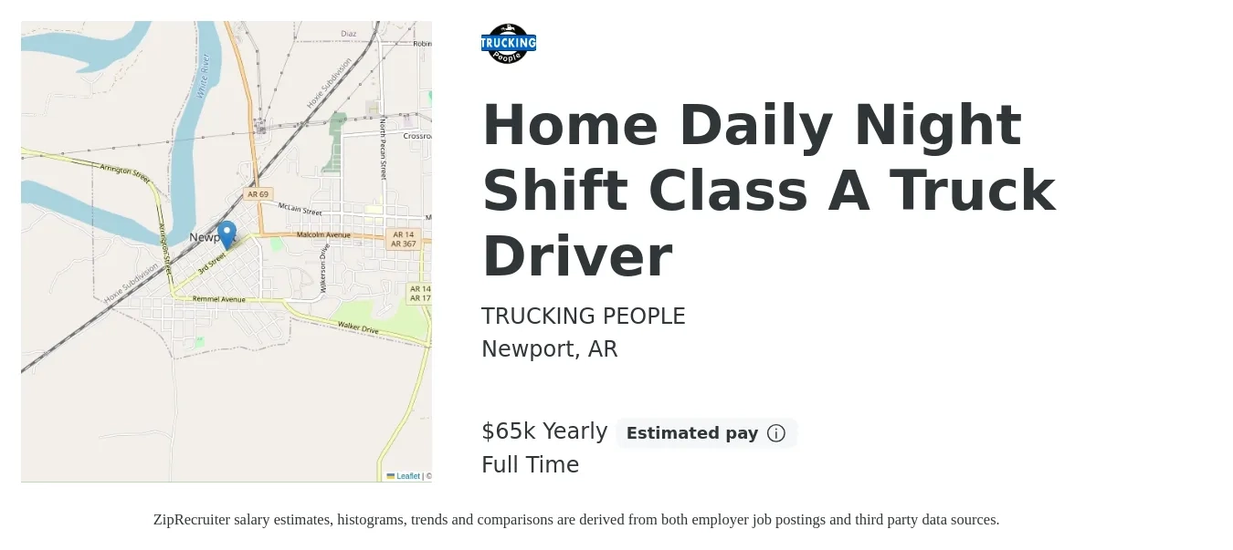 TRUCKING PEOPLE job posting for a Home Daily Night Shift Class A Truck Driver in Newport, AR with a salary of $65,000 Yearly with a map of Newport location.