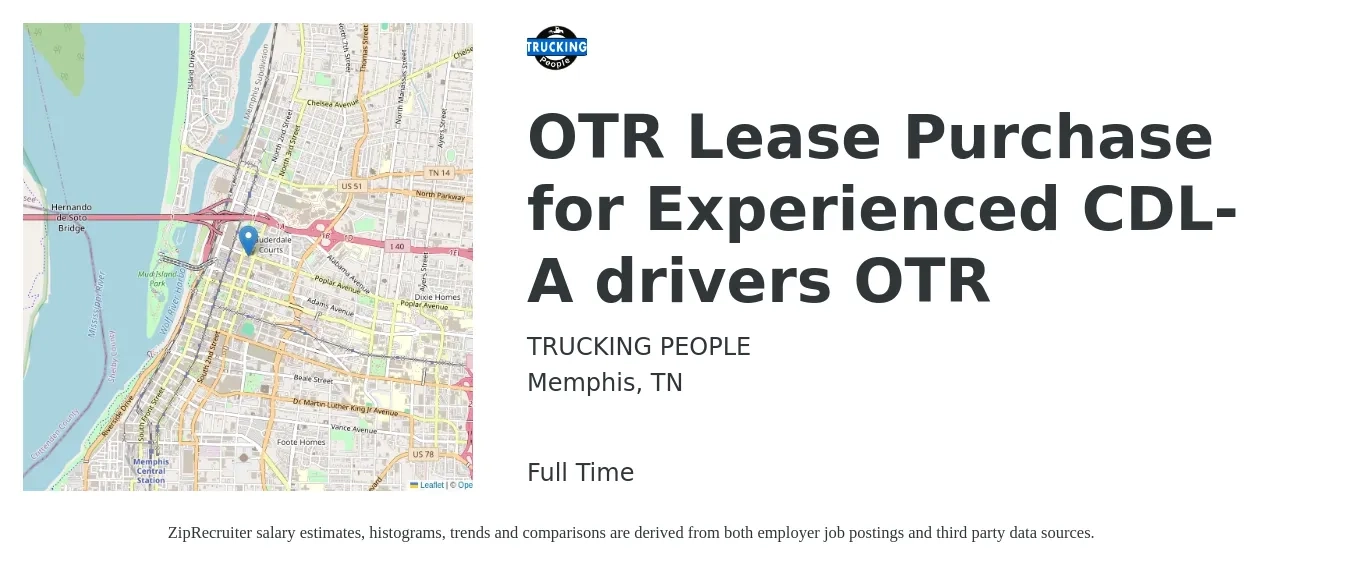 TRUCKING PEOPLE job posting for a OTR Lease Purchase for Experienced CDL-A drivers OTR in Memphis, TN with a salary of $1,199 Weekly with a map of Memphis location.
