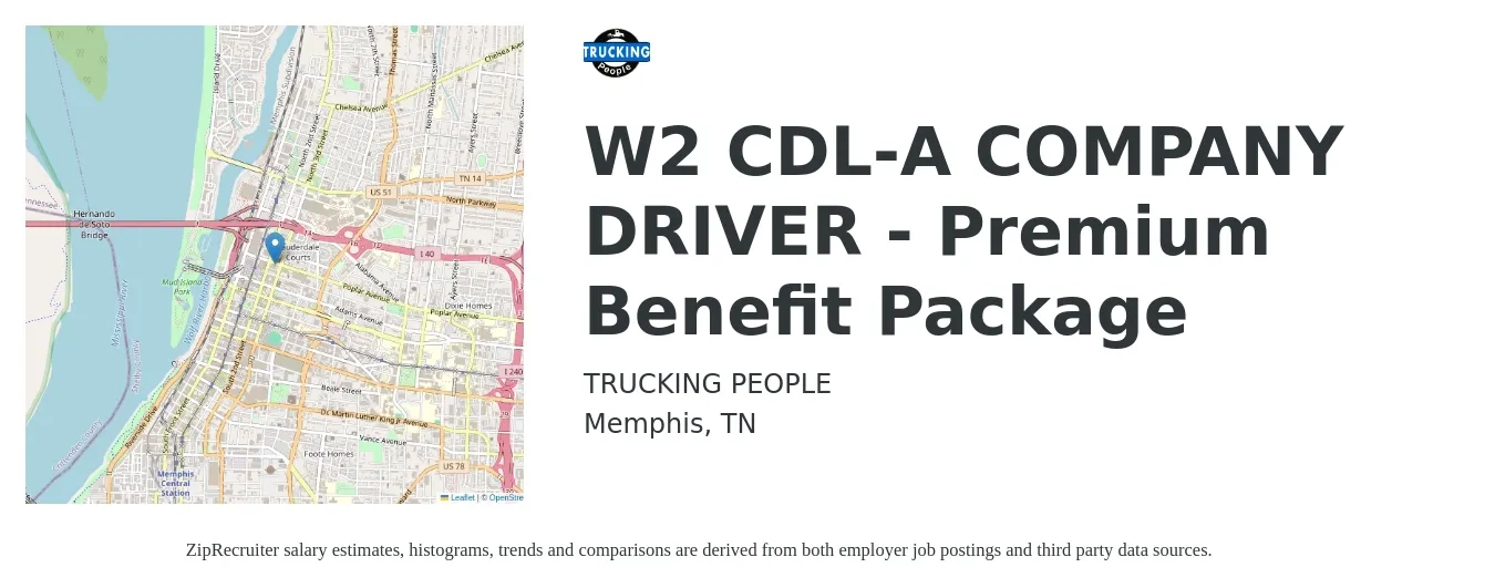 Trucking People job posting for a W2 CDL-A COMPANY DRIVER - Premium Benefit Package in Memphis, TN with a salary of $1,800 Weekly with a map of Memphis location.