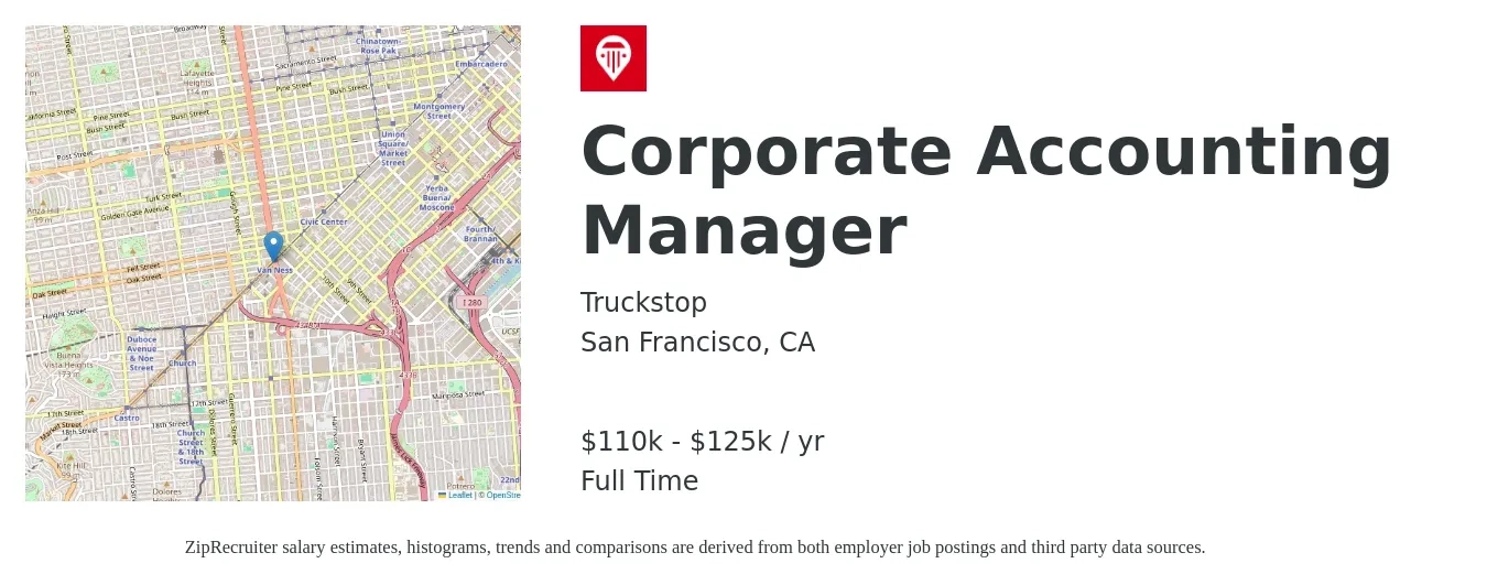 Truckstop job posting for a Corporate Accounting Manager in San Francisco, CA with a salary of $110,000 to $125,000 Yearly with a map of San Francisco location.