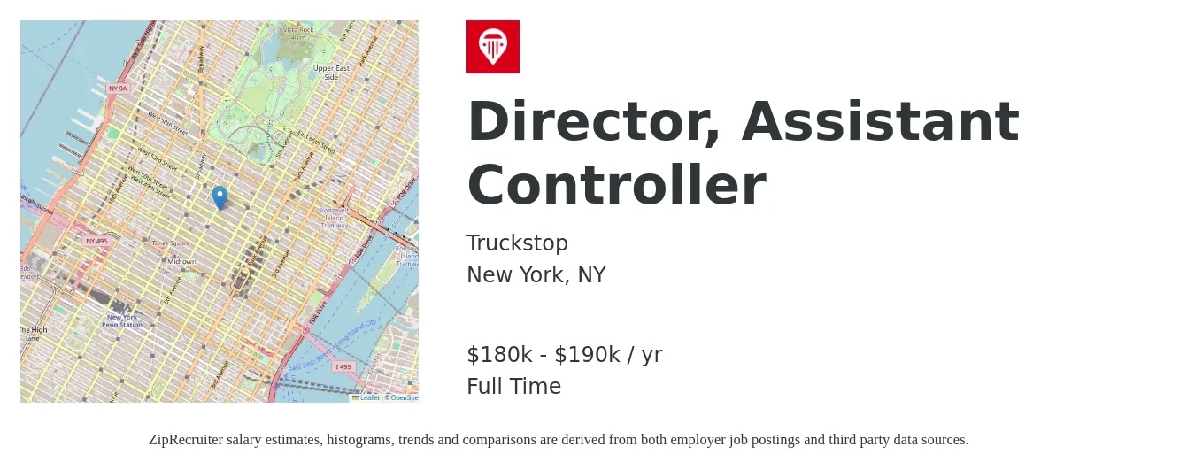 Truckstop job posting for a Director, Assistant Controller in New York, NY with a salary of $180,000 to $190,000 Yearly with a map of New York location.