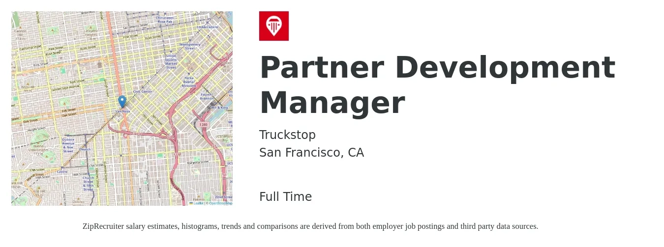 Truckstop job posting for a Partner Development Manager in San Francisco, CA with a salary of $43 to $62 Hourly with a map of San Francisco location.