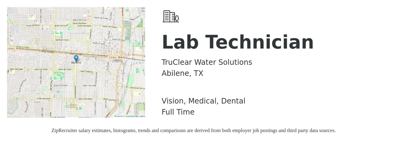 TruClear Water Solutions job posting for a Lab Technician in Abilene, TX with a salary of $18 to $24 Hourly and benefits including vision, dental, medical, and pto with a map of Abilene location.