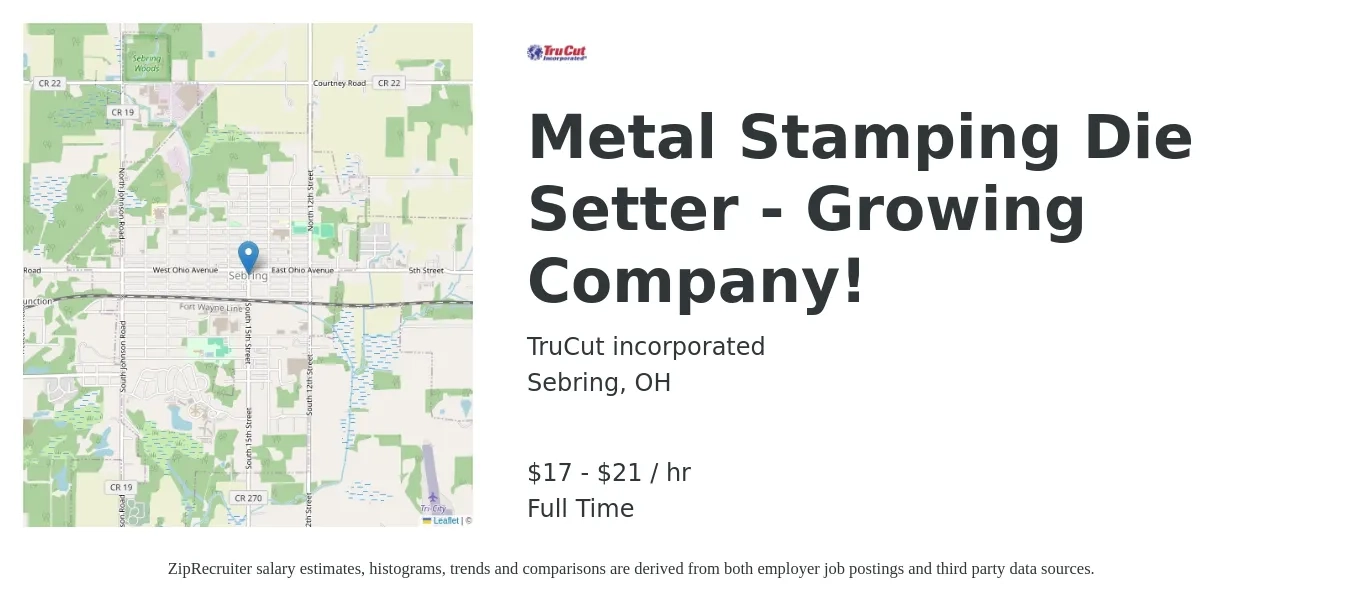 TruCut incorporated job posting for a Metal Stamping Die Setter - Growing Company! in Sebring, OH with a salary of $18 to $22 Hourly with a map of Sebring location.