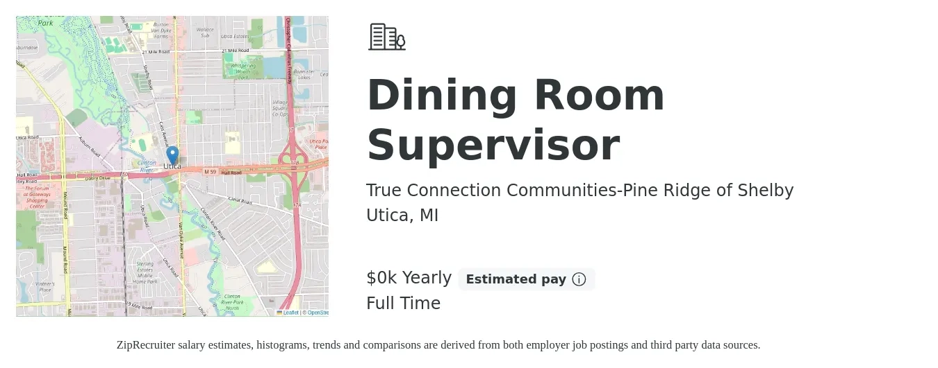 True Connection Communities-Pine Ridge of Shelby job posting for a Dining Room Supervisor in Utica, MI with a salary of $16 to $18 Hourly with a map of Utica location.