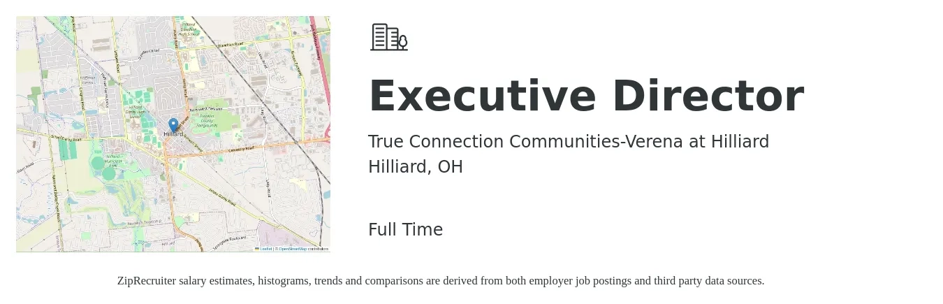 True Connection Communities-Verena at Hilliard job posting for a Executive Director in Hilliard, OH with a salary of $100,000 to $120,000 Yearly with a map of Hilliard location.