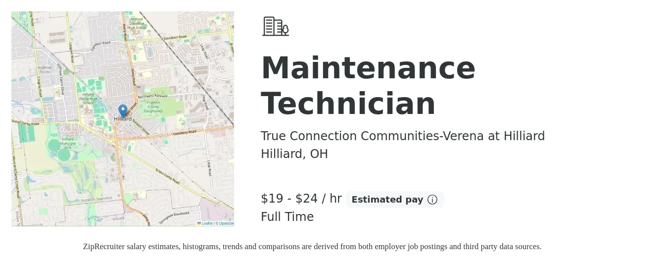 True Connection Communities-Verena at Hilliard job posting for a Maintenance Technician in Hilliard, OH with a salary of $20 Hourly with a map of Hilliard location.