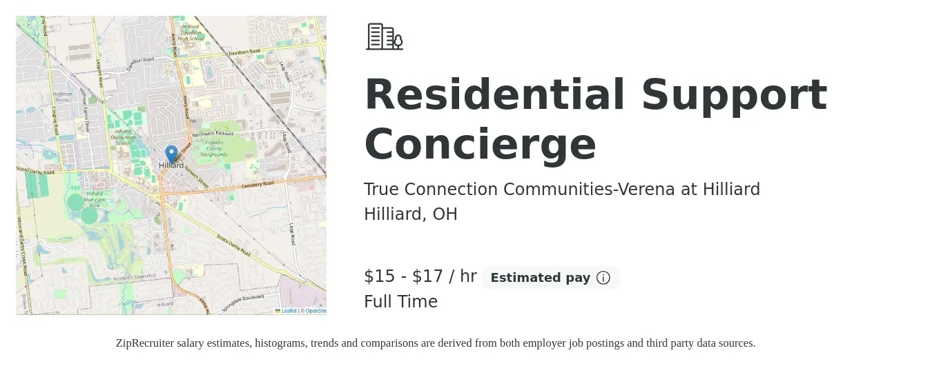 True Connection Communities-Verena at Hilliard job posting for a Residential Support Concierge in Hilliard, OH with a salary of $16 to $18 Hourly with a map of Hilliard location.