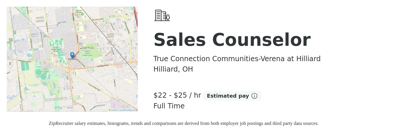 True Connection Communities-Verena at Hilliard job posting for a Sales Counselor in Hilliard, OH with a salary of $23 to $27 Hourly with a map of Hilliard location.
