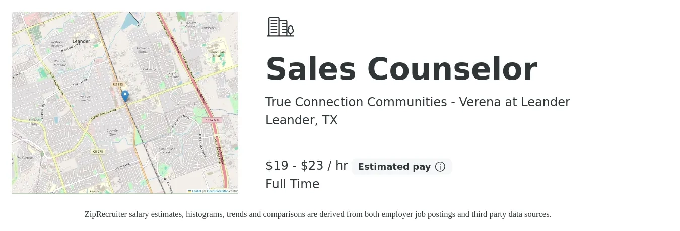 True Connection Communities - Verena at Leander job posting for a Sales Counselor in Leander, TX with a salary of $20 to $24 Hourly with a map of Leander location.