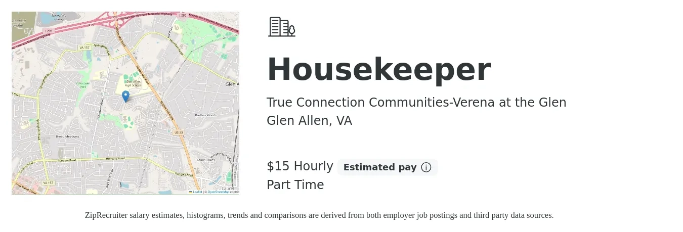 True Connection Communities-Verena at the Glen job posting for a Housekeeper in Glen Allen, VA with a salary of $16 Hourly with a map of Glen Allen location.