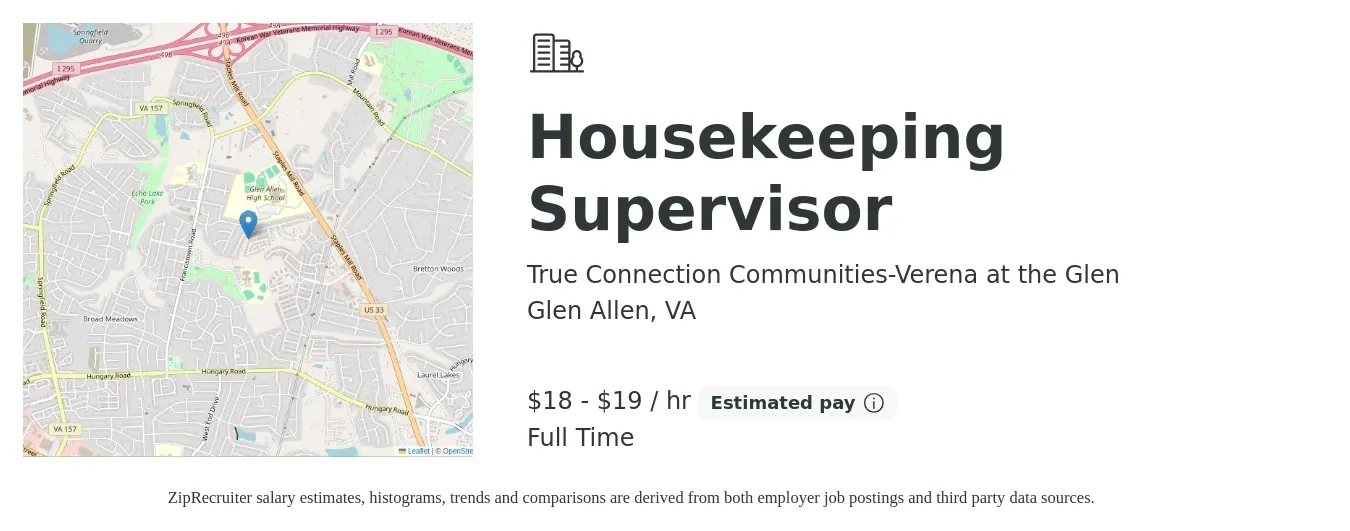 True Connection Communities-Verena at the Glen job posting for a Housekeeping Supervisor in Glen Allen, VA with a salary of $19 to $20 Hourly with a map of Glen Allen location.