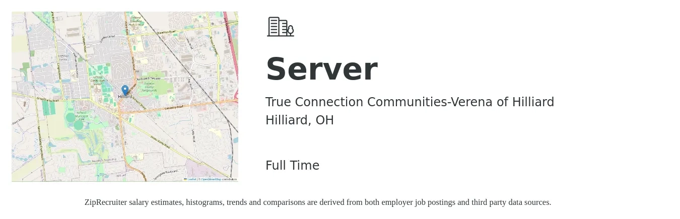 True Connection Communities-Verena of Hilliard job posting for a Server in Hilliard, OH with a salary of $10 to $17 Hourly with a map of Hilliard location.